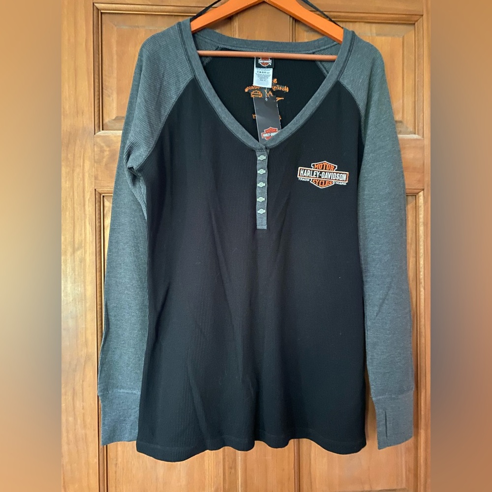 Harley-Davidson Women’s Black and Gray Long Sleeve Thermal Henley